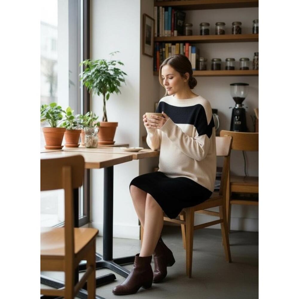 Hatch Cream Black Color Block Merino Wool Cashmere Pullover Sweater Dress Size P